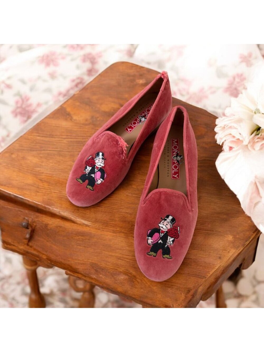STUBBS & WOOTON Monopoly Collab Pink Valentine Velvet Smoking Loafers Flats Size